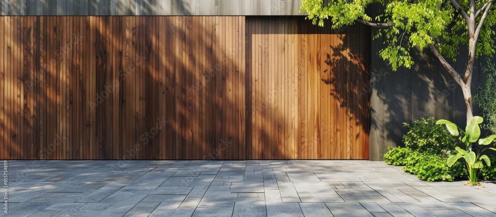 Poster Automatic lifting gate with wood texture in the garage. with copy space image. Place for adding text or design