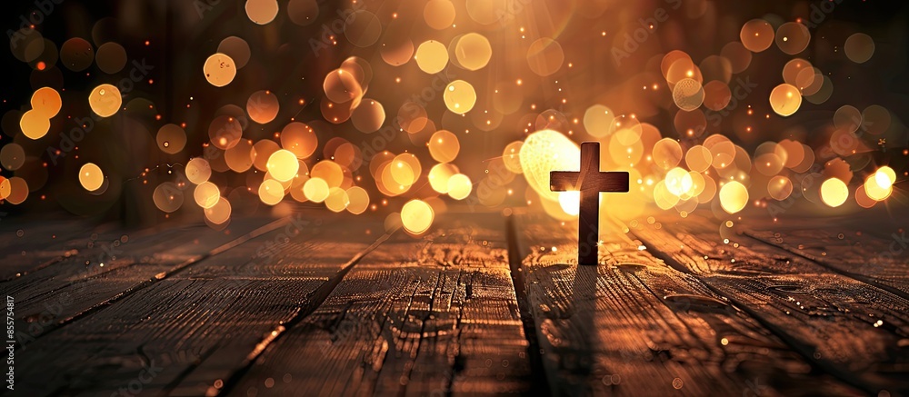 Poster Christian cross on the wooden floor with blurred lights background. with copy space image. Place for adding text or design