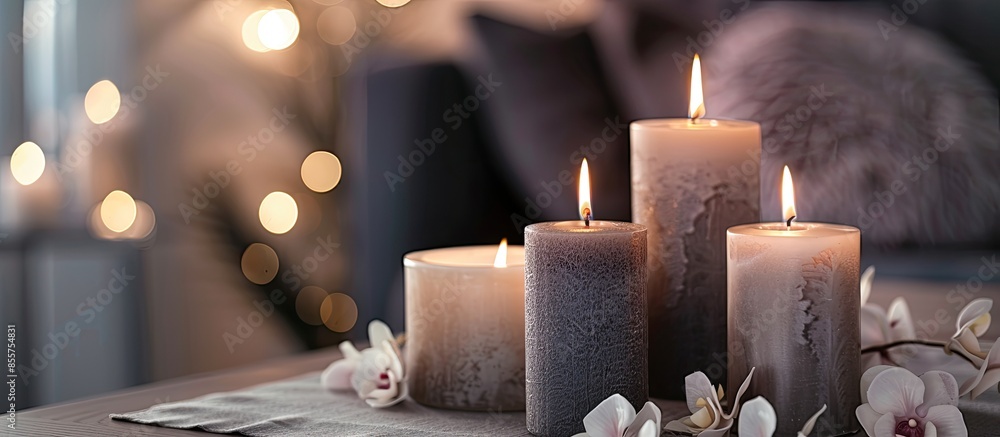 Poster Burning decorative candles on table in room. with copy space image. Place for adding text or design