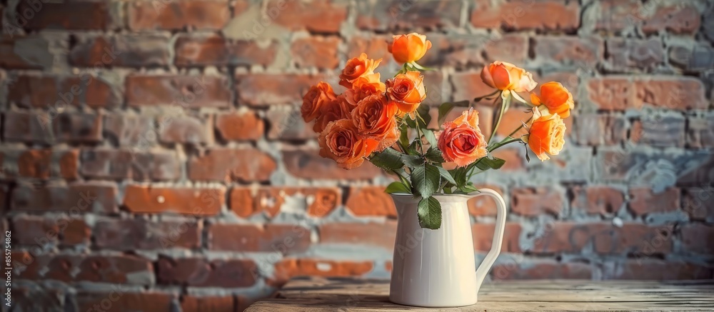 Aufkleber jug with beautiful orange roses on table against brick wall. with copy space image. place for adding