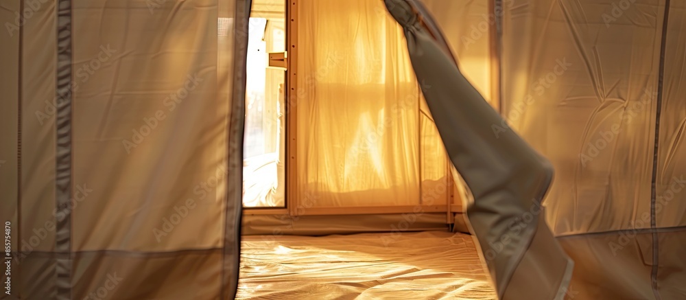 Poster close up of tent sauna door. with copy space image. place for adding text or design