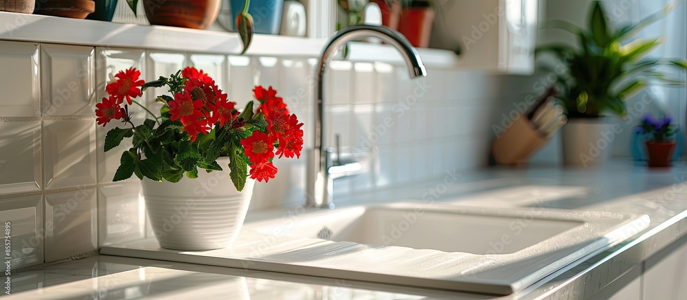 Fototapete kitchen countertop with a sink and a red flower in a pot with a tile and white countertop. with copy space image. Place for adding text or design