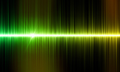 Sound wave illustration on dark background. Green and yellow digital sound wave background, technology and earthquake wave concept, music industry design
