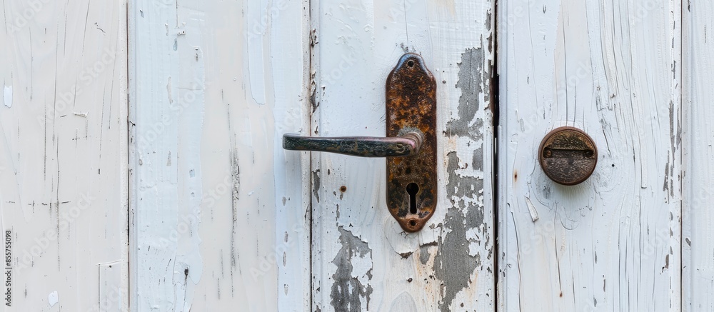 Poster steel door handle and lock on white wooden door. with copy space image. place for adding text or des