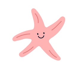 Sweet and cute smiling starfish, childish character, happy underwater creature with mouth and eyes pink color cartoon isolated on background flat vector illustration.
