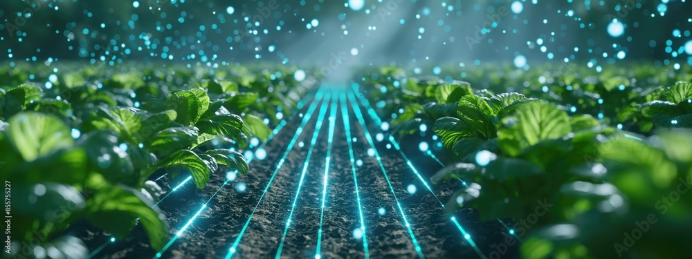 Poster smart agriculture with high-tech integration in a green field background. concept of utilizing digit
