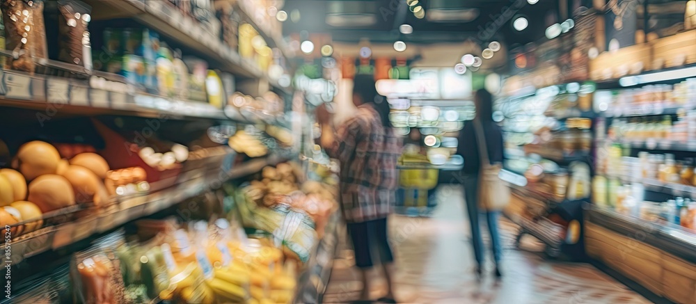 Poster blurred interior home furniture with people background, supermarket with customer. with copy space i