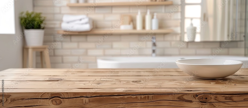 Aufkleber Empty tabletop for product display with blurred bathroom interior background. with copy space image. Place for adding text or design