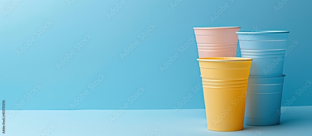 Aufkleber Disposable plastic cups on a blue background. Copy space image. Place for adding text or design