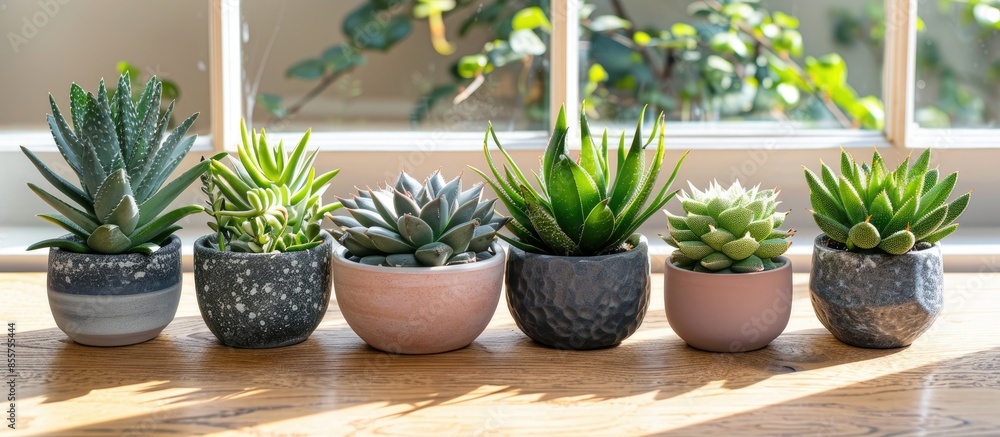 Poster Various plants in different pots on table. Haworthia in a ceramic pot. Concept of indoor garden home. - Image. with copy space image. Place for adding text or design