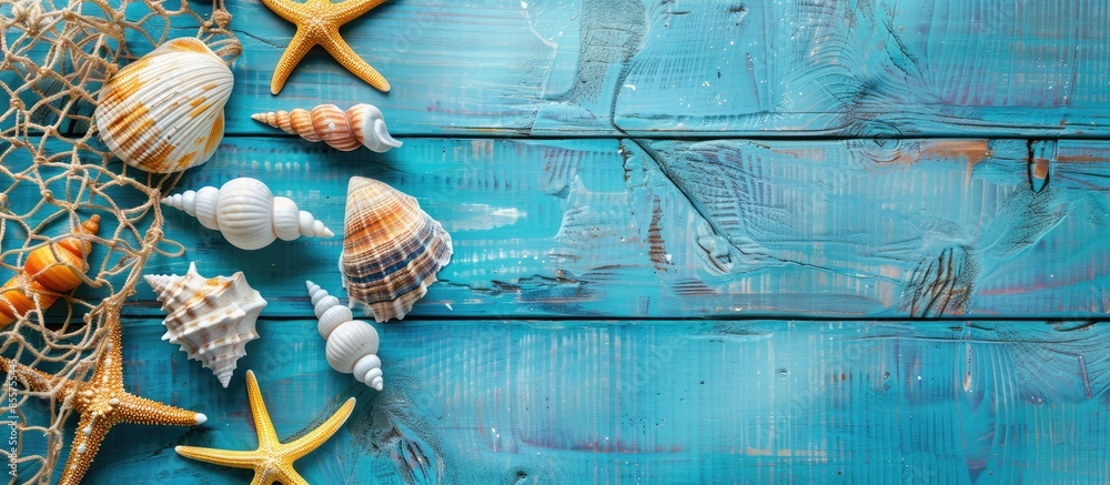 Poster blue wooden background with shells,fishing net and summer souvenirs with empty space for own text. with copy space image. Place for adding text or design