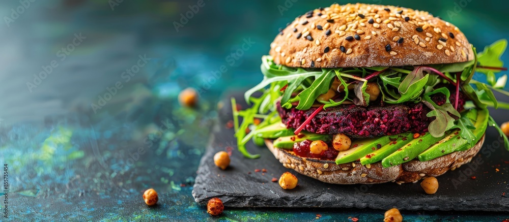 Leinwandbilder vegetarian burger made of beetroot, broccoli and chickpeas with avocado and arugula. copy space imag