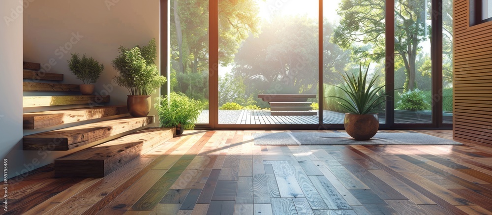 Leinwandbilder Entrance hall of a house with floating wooden floors with matching wooden carpentry. with copy space image. Place for adding text or design