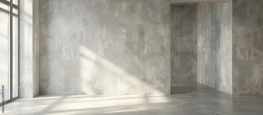 Poster To prepare the walls of a newly constructed house to be painted, finishing putty is applied to the walls of an empty apartment. Copy space image. Place for adding text or design