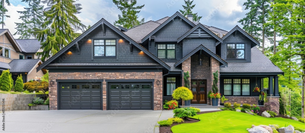 Poster luxury house with a two-car garage and beautiful landscaping on a sunny day. home exterior. copy spa