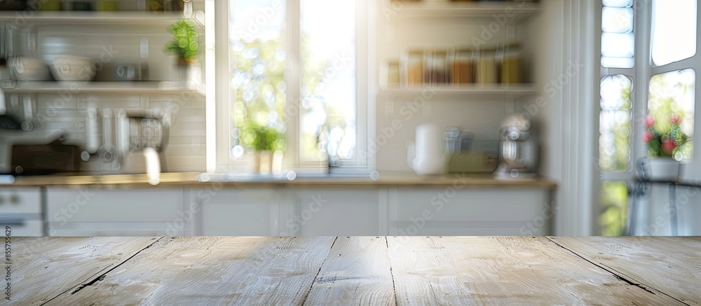 Poster Table Top And Blur Kitchen Room Of Background. with copy space image. Place for adding text or design