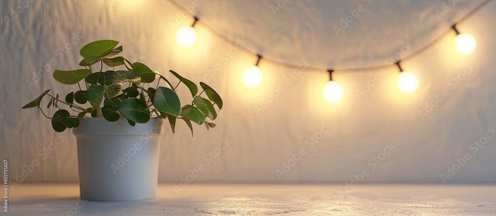 Poster Potted plant under the string lights on a wall. with copy space image. Place for adding text or design