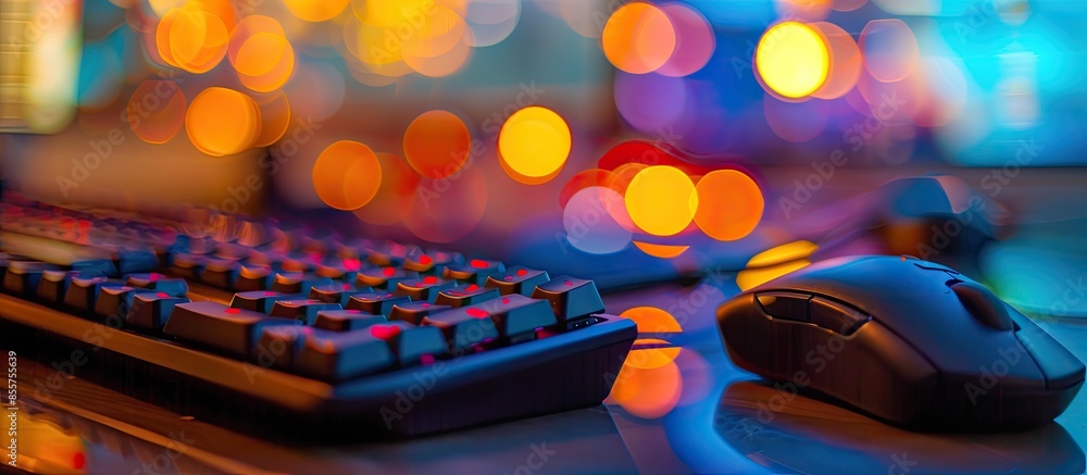 Poster Computer Keyboard and mouse with Natural Bokeh,blurred bokeh. with copy space image. Place for adding text or design