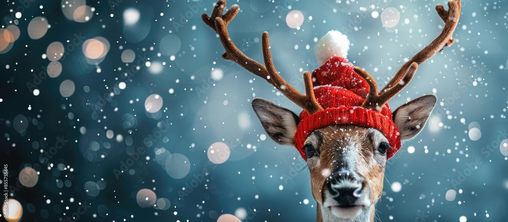 Poster Creative beautiful Christmas greeting card with funny reindeer face. Copy space image. Place for adding text or design