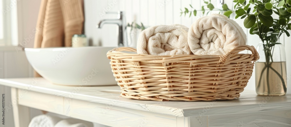 Leinwandbilder Wicker basket with rolled towels on white wooden table in bathroom. Space for text. with copy space image. Place for adding text or design