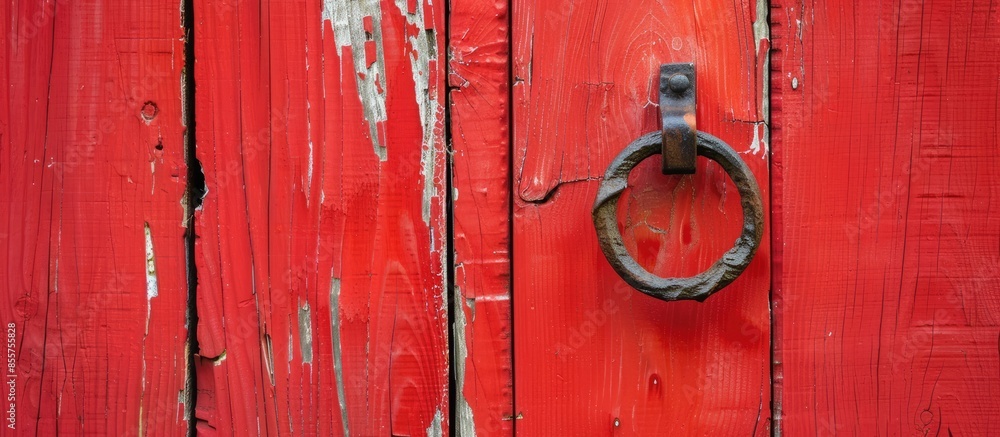 Poster A coat hook hanging on the back of a red door. with copy space image. Place for adding text or design