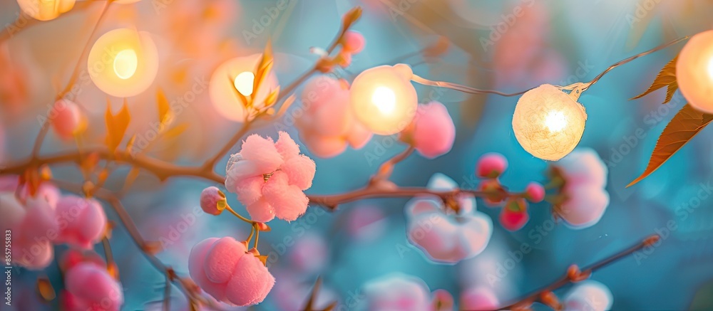 Aufkleber Bright colorful cotton light balls string in flowering spring garden as decoration. with copy space image. Place for adding text or design
