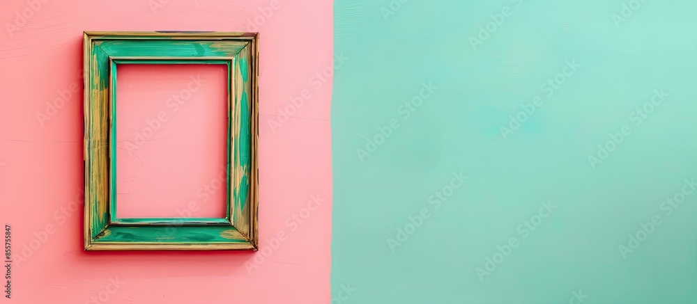 Poster painted in green wooden picture frame isolated on pastel background. with copy space image. place fo