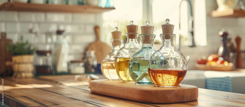Poster glass bottles with stoppers on a wooden stand in the bright interior of the kitchen. with copy space