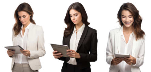 PNG cheerful business women using tablet  cut out element set