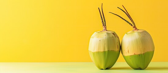 Two young coconut Isolated on pastel background Food. with copy space image. Place for adding text or design
