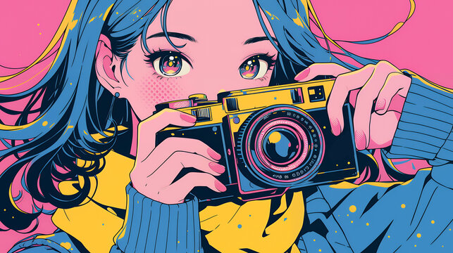 カメラを構えるアニメ風の女の子　AI