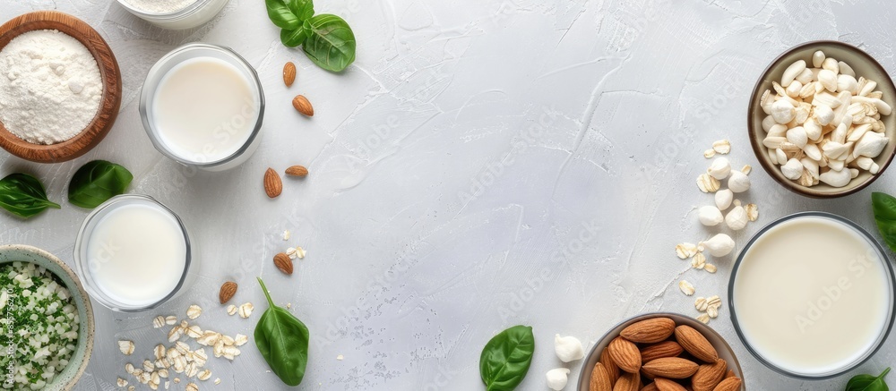 Leinwandbilder vegan non dairy plant based milk in cupes and ingredients on light background. lactose free milk sub