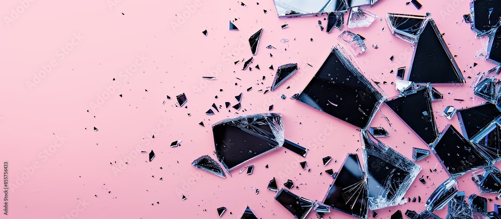 Poster shattered or smashed pieces of black glass isolated on pastel background. with copy space image. pla