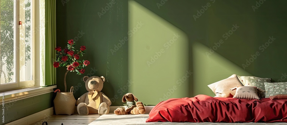 Poster child's bedroom with green walls and red bedding. with copy space image. place for adding text or de