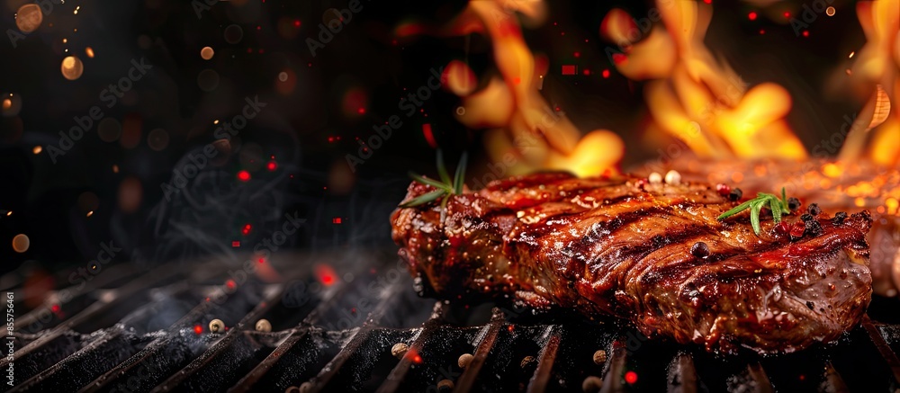 Poster grilled meat steak on stainless grill depot with flames on dark background. food and cuisine concept