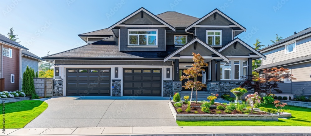 Poster luxury house with a two-car garage and beautiful landscaping on a sunny day. home exterior. copy spa