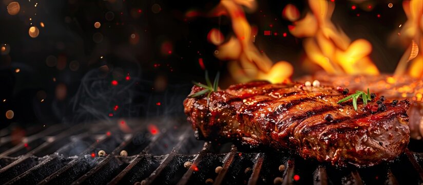 Grilled meat steak on stainless grill depot with flames on dark background. Food and cuisine concept. Copy space image. Place for adding text or design