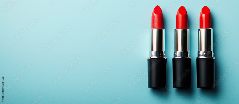 Poster Red lipstick set Isolated on pastel background  Woman. with copy space image. Place for adding text or design
