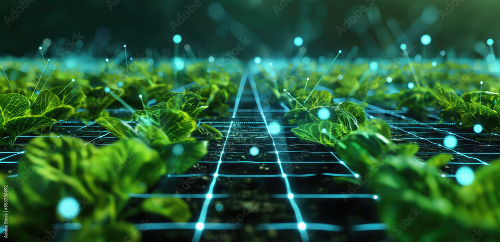 Poster innovative agricultural practices in a digitally monitored field background. concept of using techno
