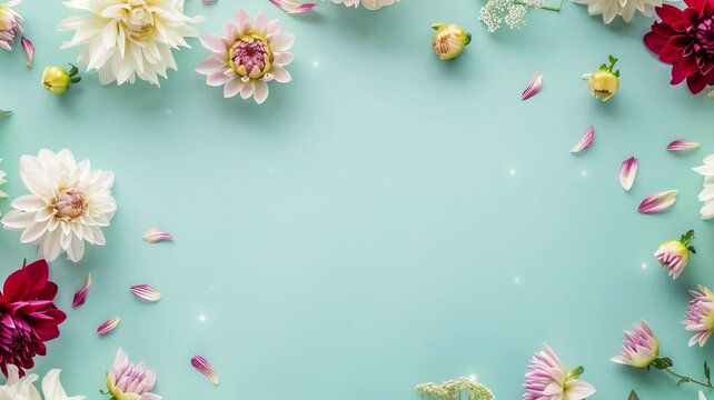White dahlia flowers scattered on a blue background for banner