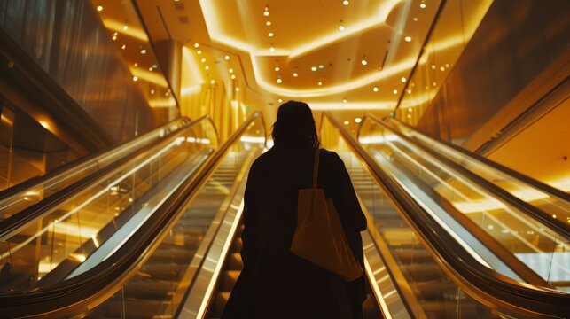 A person ascending an escalator in a modern shopping mall