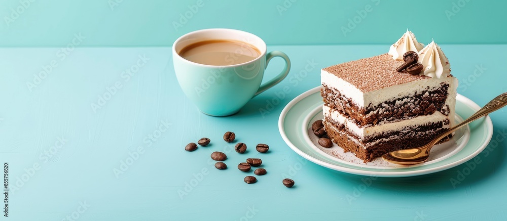Aufkleber cake and cup of coffee pastel background food coffee. with copy space image. place for adding text o