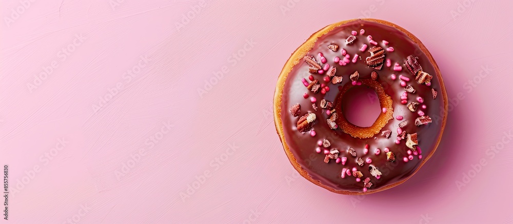 Leinwandbilder Donut in milk chocolate glaze with nuts isolated over pastel background with clipping path. Top view. with copy space image. Place for adding text or design