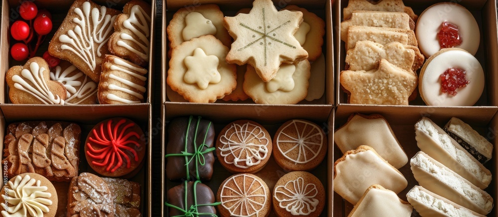 Aufkleber Different christmas cookies in a cookie box from above. with copy space image. Place for adding text or design