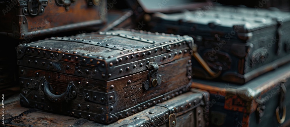 Poster Old iron chests used to hold the treasure. with copy space image. Place for adding text or design