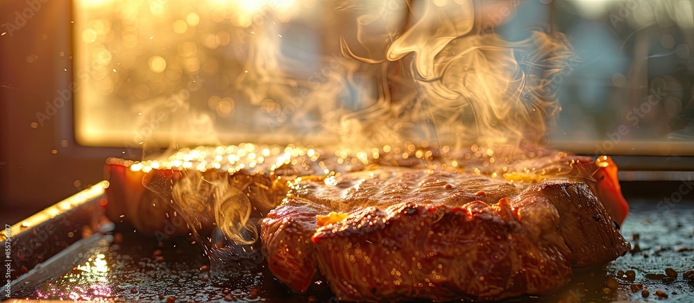 Aufkleber blurred background of window and sunlight with steak . with copy space image. place for adding text 