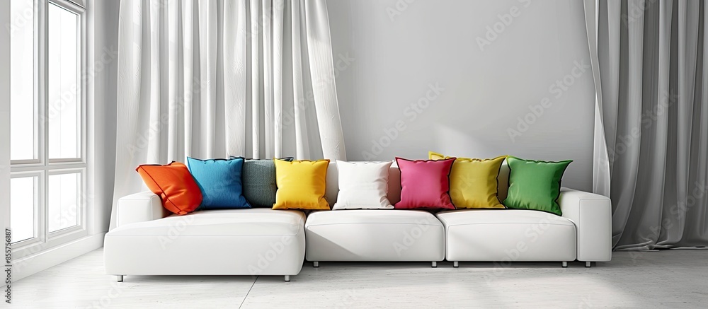 Poster large white sofa with colorful cushions in a spacious living room interior with curtain and white wa