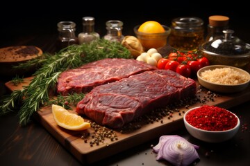 raw meat and vegetables and herbs on a wooden board, delicious food