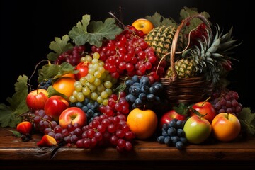 still life with bunches of grapes, berries and fresh and juicy fruits against a dark old wooden background, rural vintage style, the concept of fresh and healthy food