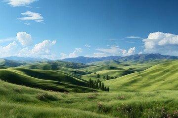 Obraz premium A beautiful summer or spring landscape with green grass on the hills and green fields. The blue sky is filled with white clouds and bright sunlight. Nature as a background.